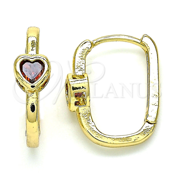 Gold Filled Hoop Earrings — Huggie Hoop Heart Design with Garnet Cubic Zirconia — main product view — SKU 144632 | Oro Laminado aretes de aro — Huggie Hoop corazón diseño with Garnet Cubic Zirconia — SKU 144632
