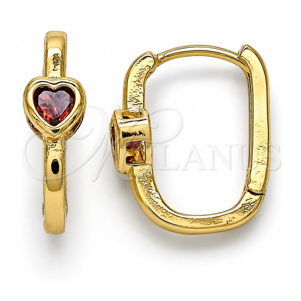 Oro Laminado Huggie Hoop, Gold Filled Style Heart Design, with Garnet Cubic Zirconia, Polished, Golden Finish, 02.210.0554.1.15