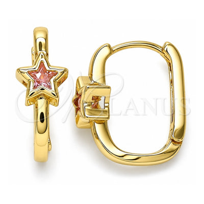 Oro Laminado Huggie Hoop, Gold Filled Style Star Design, with Pink Cubic Zirconia, Polished, Golden Finish, 02.210.0555.15