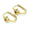 Oro Laminado Huggie Hoop, Gold Filled Style Star Design, with Garnet Cubic Zirconia, Polished, Golden Finish, 02.210.0555.1.15