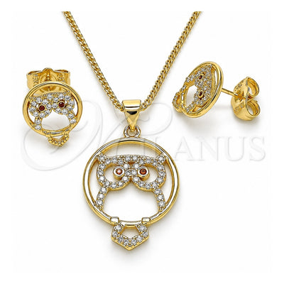 Oro Laminado Earring and Pendant Adult Set, Gold Filled Style Owl Design, with White and Garnet Micro Pave, Polished, Golden Finish, 10.156.0374