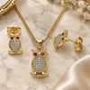 Oro Laminado Earring and Pendant Adult Set, Gold Filled Style Owl Design, with White Micro Pave and Garnet Cubic Zirconia, Polished, Golden Finish, 10.156.0375