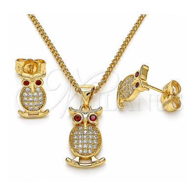 Oro Laminado Earring and Pendant Adult Set, Gold Filled Style Owl Design, with White Micro Pave and Garnet Cubic Zirconia, Polished, Golden Finish, 10.156.0375