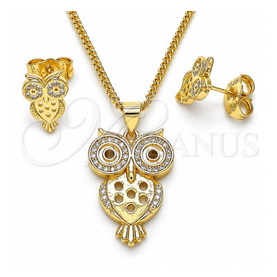 Oro Laminado Earring and Pendant Adult Set, Gold Filled Style Owl Design, with White Micro Pave, Polished, Golden Finish, 10.156.0376
