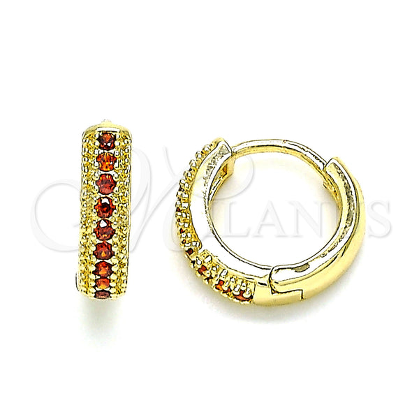 Gold Filled Hoop Earrings — Huggie Hoop with Garnet Cubic Zirconia Polished 02. — main product view — SKU 144647 | Oro Laminado aretes de aro — Huggie Hoop with Garnet Cubic Zirconia pulido 02. — SKU 144647