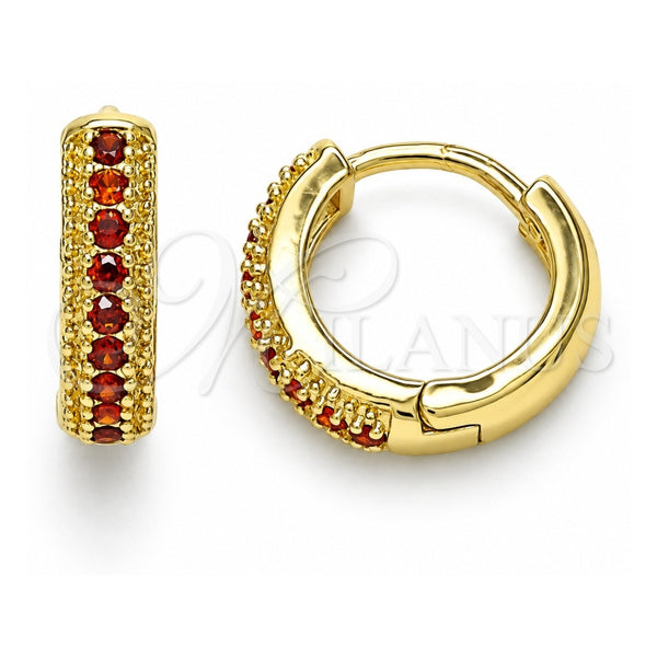 Oro Laminado Huggie Hoop, Gold Filled Style with Garnet Cubic Zirconia, Polished, Golden Finish, 02.210.0557.1.12