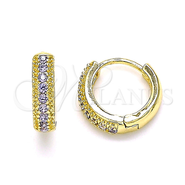 Gold Filled Hoop Earrings — Huggie Hoop with Amethyst Cubic Zirconia Polished 02. — main product view — SKU 144648 | Oro Laminado aretes de aro — Huggie Hoop with Amethyst Cubic Zirconia pulido 02. — SKU 144648
