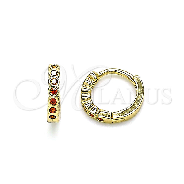 Gold Filled Hoop Earrings — Huggie Hoop with Garnet Cubic Zirconia Polished 02. — main product view — SKU 144652 | Oro Laminado aretes de aro — Huggie Hoop with Garnet Cubic Zirconia pulido 02. — SKU 144652