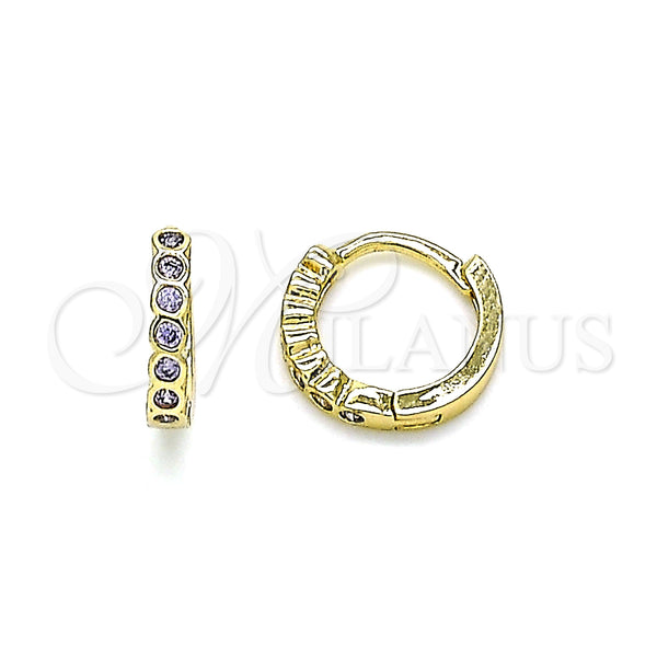 Gold Filled Hoop Earrings — Huggie Hoop with Amethyst Cubic Zirconia Polished 02. — main product view — SKU 144653 | Oro Laminado aretes de aro — Huggie Hoop with Amethyst Cubic Zirconia pulido 02. — SKU 144653