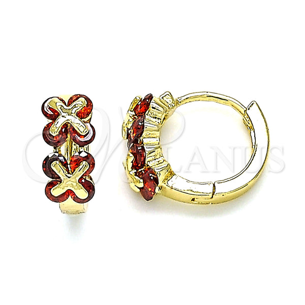 Gold Filled Hoop Earrings — Huggie Hoop with Garnet Cubic Zirconia Polished 02. — main product view — SKU 144656 | Oro Laminado aretes de aro — Huggie Hoop with Garnet Cubic Zirconia pulido 02. — SKU 144656