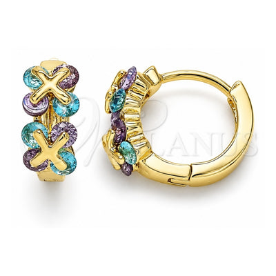 Oro Laminado Huggie Hoop, Gold Filled Style with Blue Topaz and Amethyst Cubic Zirconia, Polished, Golden Finish, 02.210.0559.1.12
