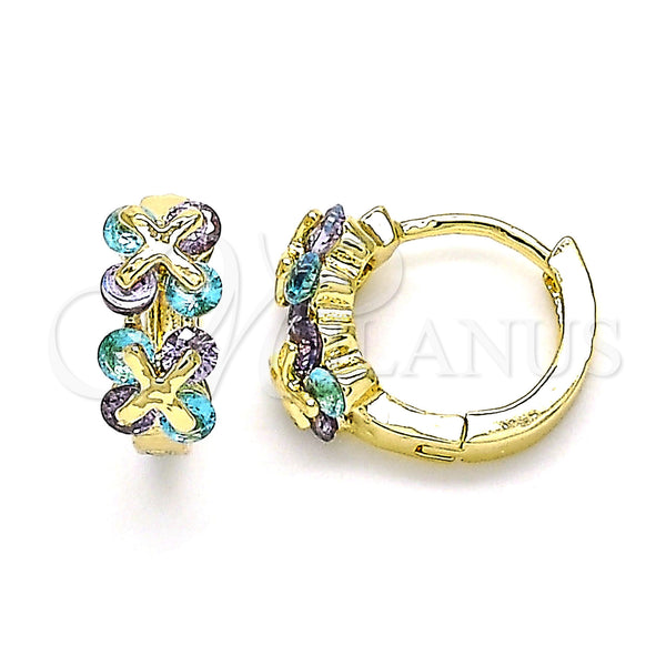 Gold Filled Hoop Earrings — Huggie Hoop with Blue Topaz and Amethyst Cubic — main product view — SKU 144657 | Oro Laminado aretes de aro — Huggie Hoop with Blue Topaz and Amethyst Cubic — SKU 144657