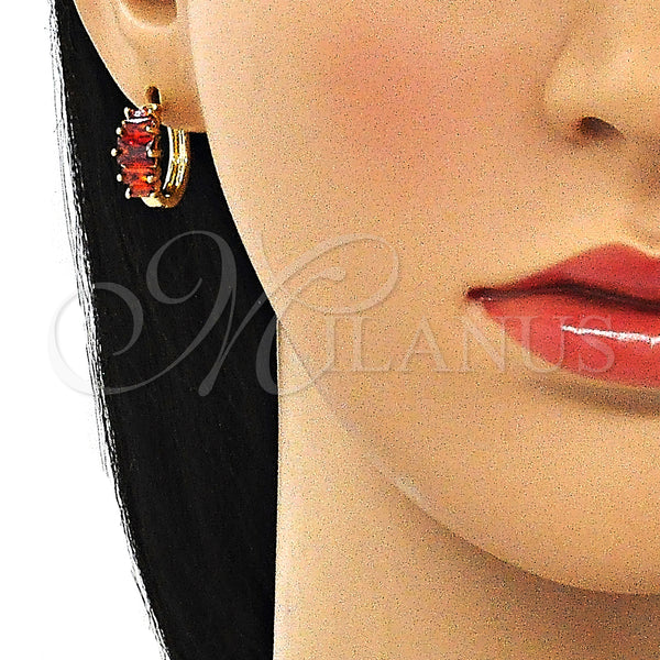 Gold Filled Hoop Earrings — Huggie Hoop Baguette Design with Garnet Cubic Zirconia — alternate product view — SKU 144660 | Oro Laminado aretes de aro — Huggie Hoop Baguette diseño with Garnet Cubic Zirconia — SKU 144660