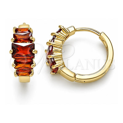 Oro Laminado Huggie Hoop, Gold Filled Style Baguette Design, with Garnet Cubic Zirconia, Polished, Golden Finish, 02.210.0560.15