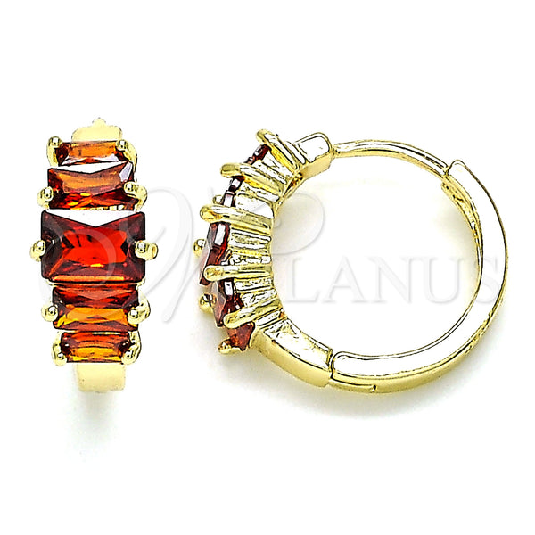 Gold Filled Hoop Earrings — Huggie Hoop Baguette Design with Garnet Cubic Zirconia — main product view — SKU 144660 | Oro Laminado aretes de aro — Huggie Hoop Baguette diseño with Garnet Cubic Zirconia — SKU 144660