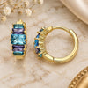 Oro Laminado Huggie Hoop, Gold Filled Style Baguette Design, with Blue Topaz and Amethyst Cubic Zirconia, Polished, Golden Finish, 02.210.0560.1.15