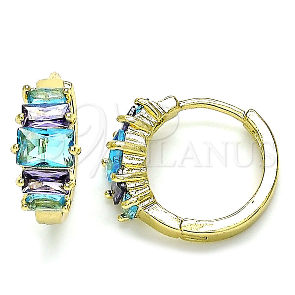 Gold Filled Hoop Earrings — Huggie Hoop Baguette Design with Blue Topaz and — main product view — SKU 144661 | Oro Laminado aretes de aro — Huggie Hoop Baguette diseño with Blue Topaz and — SKU 144661