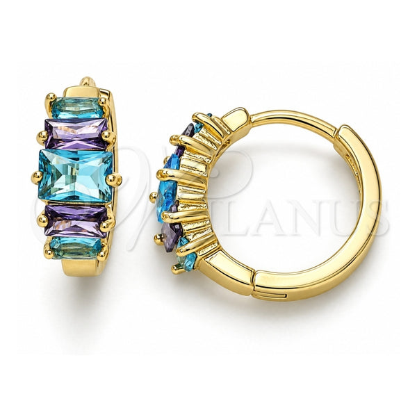 Oro Laminado Huggie Hoop, Gold Filled Style Baguette Design, with Blue Topaz and Amethyst Cubic Zirconia, Polished, Golden Finish, 02.210.0560.1.15