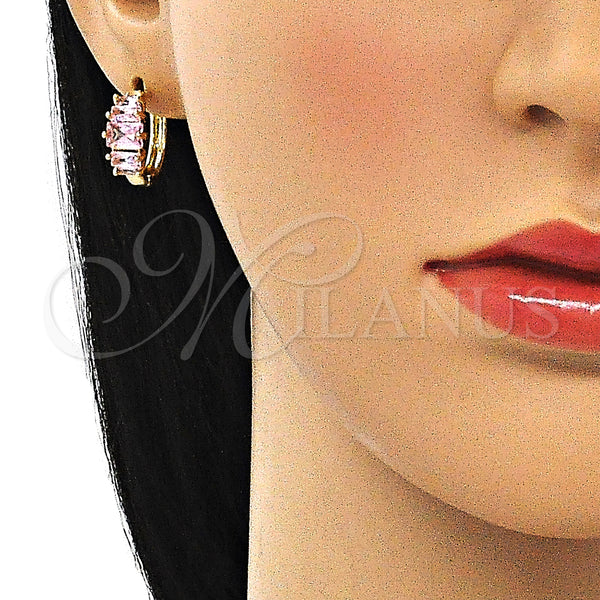 Gold Filled Hoop Earrings — Huggie Hoop Baguette Design with Pink Cubic Zirconia — alternate product view — SKU 144662 | Oro Laminado aretes de aro — Huggie Hoop Baguette diseño with Pink Cubic Zirconia — SKU 144662
