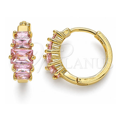 Oro Laminado Huggie Hoop, Gold Filled Style Baguette Design, with Pink Cubic Zirconia, Polished, Golden Finish, 02.210.0560.2.15