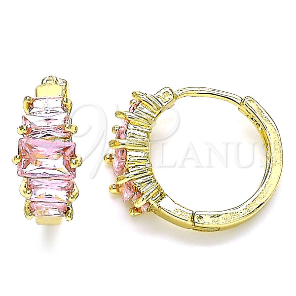 Gold Filled Hoop Earrings — Huggie Hoop Baguette Design with Pink Cubic Zirconia — main product view — SKU 144662 | Oro Laminado aretes de aro — Huggie Hoop Baguette diseño with Pink Cubic Zirconia — SKU 144662