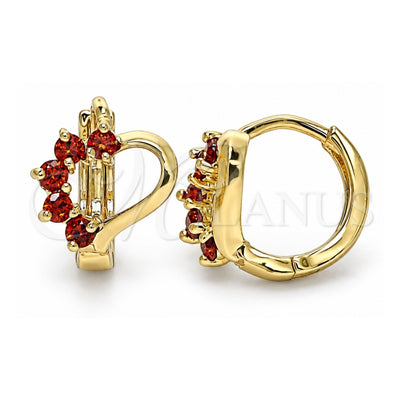 Oro Laminado Huggie Hoop, Gold Filled Style Heart Design, with Garnet Cubic Zirconia, Polished, Golden Finish, 02.210.0561.1.10