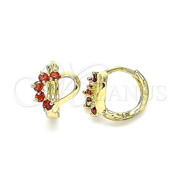 Gold Filled Hoop Earrings — Huggie Hoop Heart Design with Garnet Cubic Zirconia — main product view — SKU 144665 | Oro Laminado aretes de aro — Huggie Hoop corazón diseño with Garnet Cubic Zirconia — SKU 144665