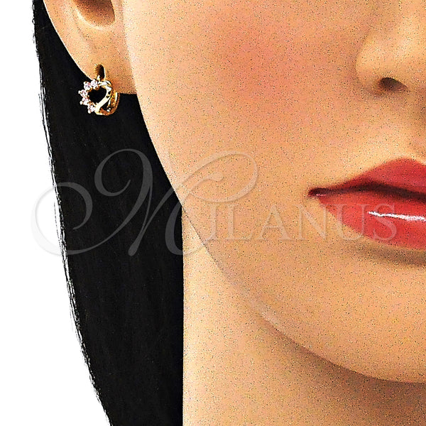 Gold Filled Hoop Earrings — Huggie Hoop Heart Design with Pink Cubic Zirconia — alternate product view — SKU 144666 | Oro Laminado aretes de aro — Huggie Hoop corazón diseño with Pink Cubic Zirconia — SKU 144666