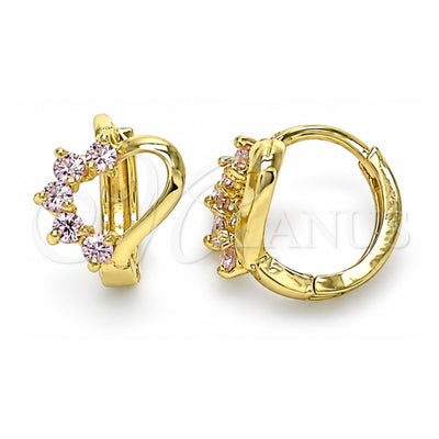 Oro Laminado Huggie Hoop, Gold Filled Style Heart Design, with Pink Cubic Zirconia, Polished, Golden Finish, 02.210.0561.2.10
