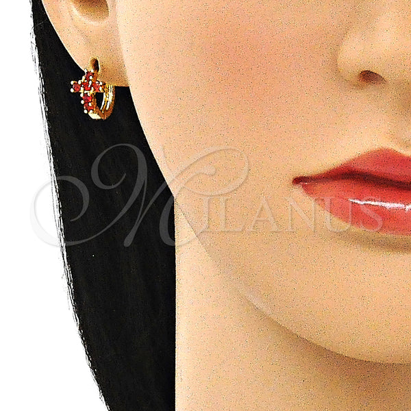 Gold Filled Hoop Earrings — Huggie Hoop Cross Design with Garnet Cubic Zirconia — alternate product view — SKU 144668 | Oro Laminado aretes de aro — Huggie Hoop cruz diseño with Garnet Cubic Zirconia — SKU 144668