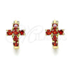 Oro Laminado Huggie Hoop, Gold Filled Style Cross Design, with Garnet Cubic Zirconia, Polished, Golden Finish, 02.210.0562.1.12