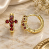 Oro Laminado Huggie Hoop, Gold Filled Style Cross Design, with Garnet Cubic Zirconia, Polished, Golden Finish, 02.210.0562.1.12