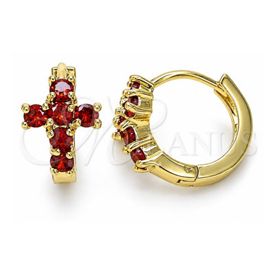 Oro Laminado Huggie Hoop, Gold Filled Style Cross Design, with Garnet Cubic Zirconia, Polished, Golden Finish, 02.210.0562.1.12