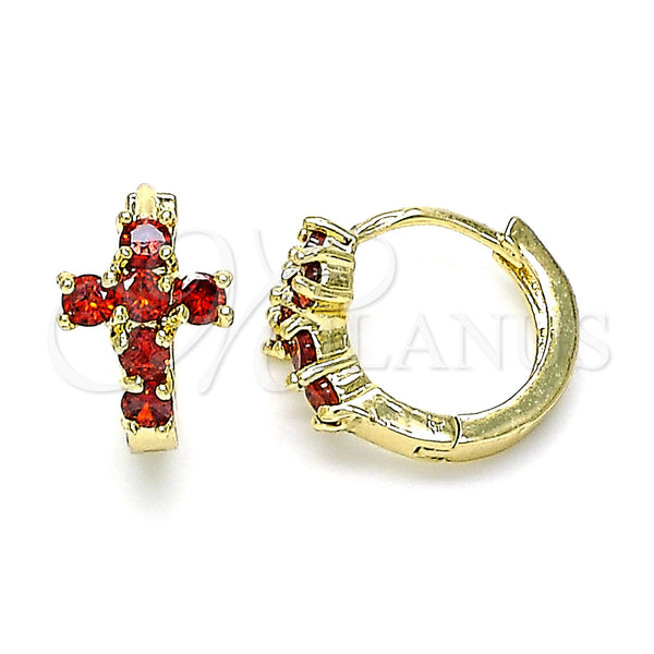 Gold Filled Hoop Earrings — Huggie Hoop Cross Design with Garnet Cubic Zirconia — main product view — SKU 144668 | Oro Laminado aretes de aro — Huggie Hoop cruz diseño with Garnet Cubic Zirconia — SKU 144668