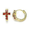 Oro Laminado Huggie Hoop, Gold Filled Style Cross Design, with Garnet Cubic Zirconia, Polished, Golden Finish, 02.210.0562.1.12