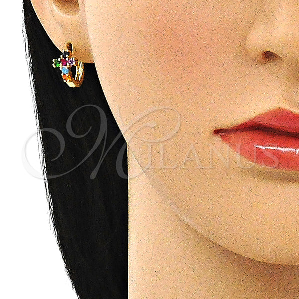Gold Filled Hoop Earrings — Huggie Hoop Cross Design with Multicolor Cubic Zirconia — alternate product view — SKU 144669 | Oro Laminado aretes de aro — Huggie Hoop cruz diseño with Multicolor Cubic Zirconia — SKU 144669