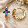 Oro Laminado Huggie Hoop, Gold Filled Style Cross Design, with Multicolor Cubic Zirconia, Polished, Golden Finish, 02.210.0562.2.12