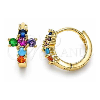 Oro Laminado Huggie Hoop, Gold Filled Style Cross Design, with Multicolor Cubic Zirconia, Polished, Golden Finish, 02.210.0562.2.12