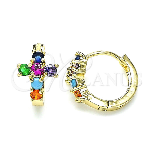 Gold Filled Hoop Earrings — Huggie Hoop Cross Design with Multicolor Cubic Zirconia — main product view — SKU 144669 | Oro Laminado aretes de aro — Huggie Hoop cruz diseño with Multicolor Cubic Zirconia — SKU 144669