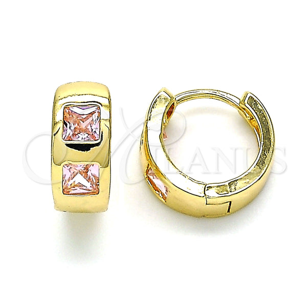 Gold Filled Hoop Earrings — Huggie Hoop with Pink Cubic Zirconia Polished 02. — main product view — SKU 144670 | Oro Laminado aretes de aro — Huggie Hoop with Pink Cubic Zirconia pulido 02. — SKU 144670