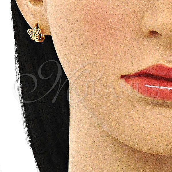 Gold Filled Hoop Earrings — Huggie Hoop Butterfly Design with Garnet Micro Pave — alternate product view — SKU 144673 | Oro Laminado aretes de aro — Huggie Hoop Butterfly diseño with Garnet Micro Pave — SKU 144673