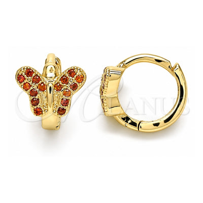 Oro Laminado Huggie Hoop, Gold Filled Style Butterfly Design, with Garnet Micro Pave, Polished, Golden Finish, 02.210.0564.10