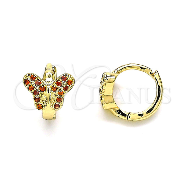 Gold Filled Hoop Earrings — Huggie Hoop Butterfly Design with Garnet Micro Pave — main product view — SKU 144673 | Oro Laminado aretes de aro — Huggie Hoop Butterfly diseño with Garnet Micro Pave — SKU 144673