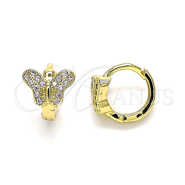 Gold Filled Hoop Earrings — Huggie Hoop Butterfly Design with White Micro Pave — main product view — SKU 144674 | Oro Laminado aretes de aro — Huggie Hoop Butterfly diseño with blanco Micro Pave — SKU 144674