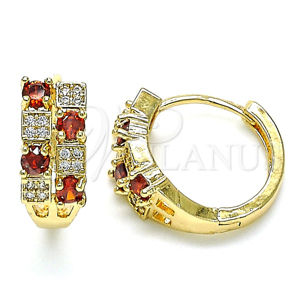 Gold Filled Hoop Earrings — Huggie Hoop with Garnet Cubic Zirconia and White — main product view — SKU 144675 | Oro Laminado aretes de aro — Huggie Hoop with Garnet Cubic Zirconia and blanco — SKU 144675