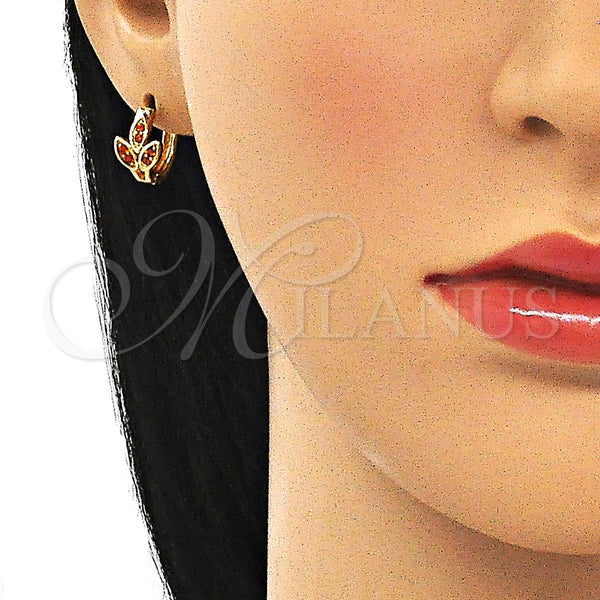 Gold Filled Hoop Earrings — Huggie Hoop Leaf Design with Garnet Micro Pave — alternate product view — SKU 144681 | Oro Laminado aretes de aro — Huggie Hoop Leaf diseño with Garnet Micro Pave — SKU 144681