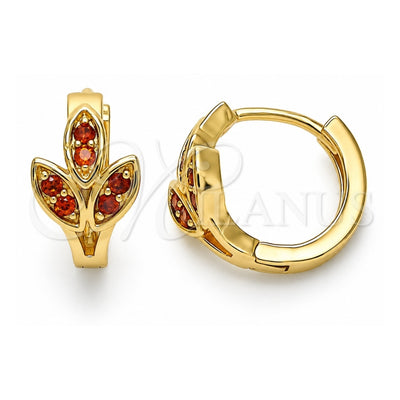 Oro Laminado Huggie Hoop, Gold Filled Style Leaf Design, with Garnet Micro Pave, Polished, Golden Finish, 02.210.0570.12
