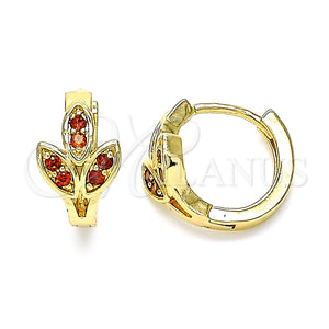 Gold Filled Hoop Earrings — Huggie Hoop Leaf Design with Garnet Micro Pave — main product view — SKU 144681 | Oro Laminado aretes de aro — Huggie Hoop Leaf diseño with Garnet Micro Pave — SKU 144681
