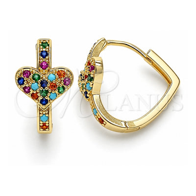 Oro Laminado Huggie Hoop, Gold Filled Style Heart Design, with Multicolor Micro Pave, Polished, Golden Finish, 02.210.0582.1.20