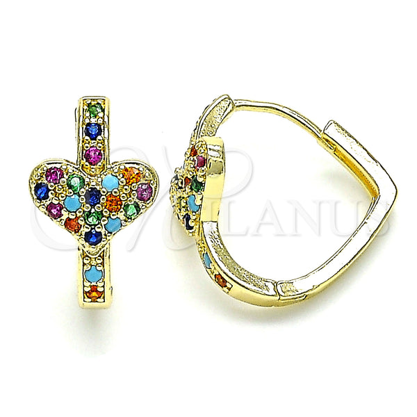 Gold Filled Hoop Earrings — Huggie Hoop Heart Design with Multicolor Micro Pave — main product view — SKU 144696 | Oro Laminado aretes de aro — Huggie Hoop corazón diseño with Multicolor Micro Pave — SKU 144696